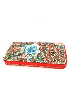 Women’s Large Floral Paisley Pattern Wallet Red Blue 7 1/4" x 4" Zipper Closure